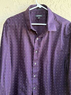 Express Dark Purple White Check Size XL 17-17.5 Men’s Cotton Collared Shirt